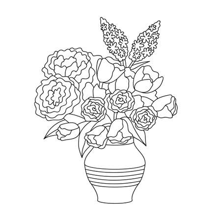 Flowerpot with roses, tulips, pions, lilac outline spring illustration. Vector isolated on white.のイラスト素材