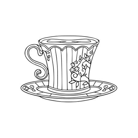 Cup of tea vintage illustration. Vector hand drawn outline art isolated on white.のイラスト素材