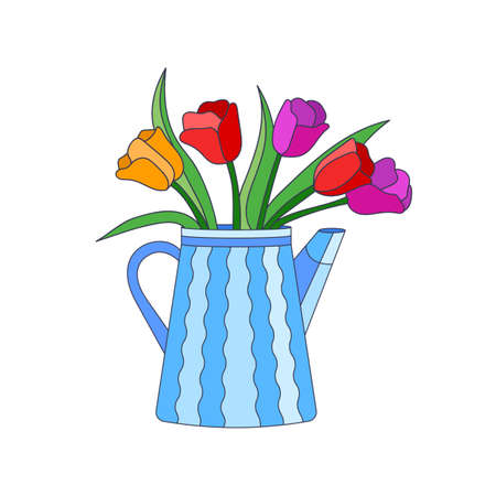 Colorful tulips in blue watering can vector isolated illustration for decor.のイラスト素材