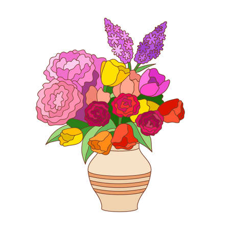 Ceramic vase with blooming flowers, roses, tulips, peonies, lilac. Vector colorful bouquet isolated illustration.のイラスト素材