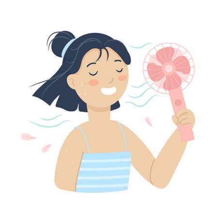 Asian girl hold a mini fan blowing cold air. Woman with ventilator from hot weather. Summer vector flat illustration isolated on white.のイラスト素材