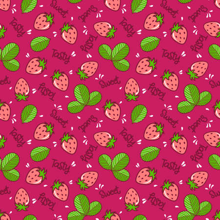 Strawberry seamless pattern crimson background. Colorful fresh berry with leaves and words for wrapping paper, textile, fabric, wallpaper. Summer pink vector gift paper.のイラスト素材