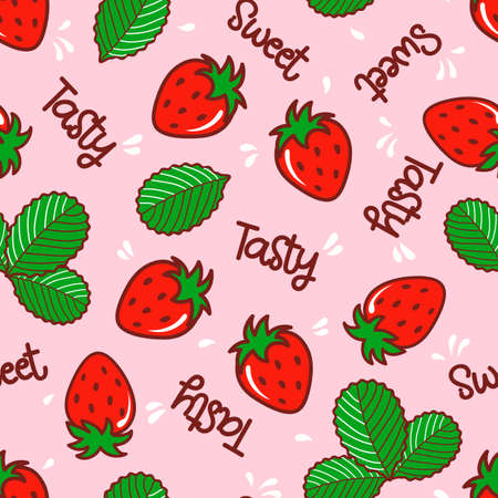 Strawberries seamless pattern background. Colorful fresh berry with leaves and words for wrapping paper, textile, fabric, wallpaper. Summer pink vector gift paper.のイラスト素材