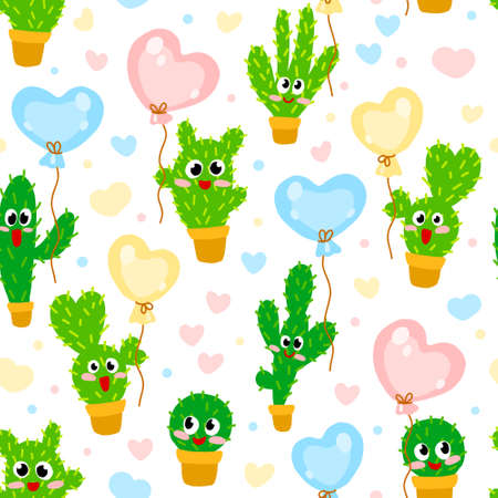 Cute seamless pattern with funny cactus and balloons for nursery, birthday party stuff, fabric, wrapping paper, print. Vector flat illustration with prickly plants.のイラスト素材