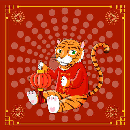 Chinese tiger in traditional clothes with lantern vector red square postcard. Cartoon illustration for print, greeting holidays.のイラスト素材