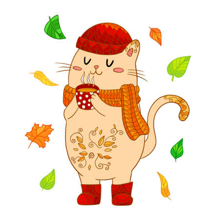 Ginger cat in autumn knitted clothes with cup of tea. Vector cartoon character kitty hygge lifestyle. Isolated animal illustration.のイラスト素材