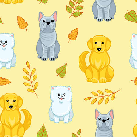 Autumn seamless pattern with dogs breed. Vector cartoon illustration with bulldog, pomeranian, golden retriever and fall leaves. Pattern on pastel background.のイラスト素材