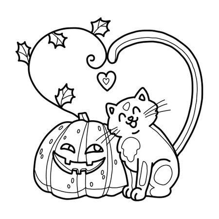 Children halloween coloring book page. Pumpkin and kitten in love smile together. Isolated outline illustration.のイラスト素材