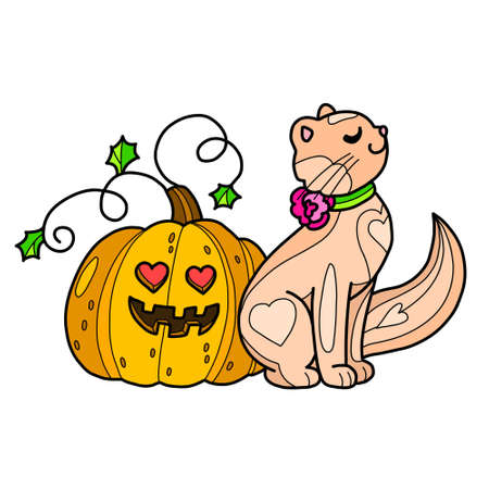 Halloween love. Pumpkin in love with beautiful cat. Vector cartoon illustration for print, sticker, decor. clipart isolated on white.のイラスト素材