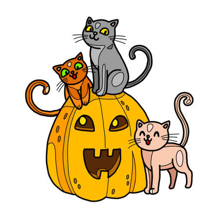 Kittens with pumpkin for halloween. Cute friends together spend holiday. Vector colorful clipart for halloween decoration, ready for print. Isolated on white.のイラスト素材
