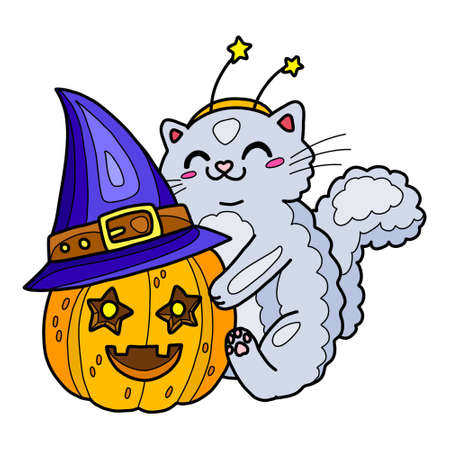 Halloween hugs. Cat and pumkin in halloween costumes. Vector cute cartoon characters for halloween print, sticker, decor. Isolated clipart.のイラスト素材