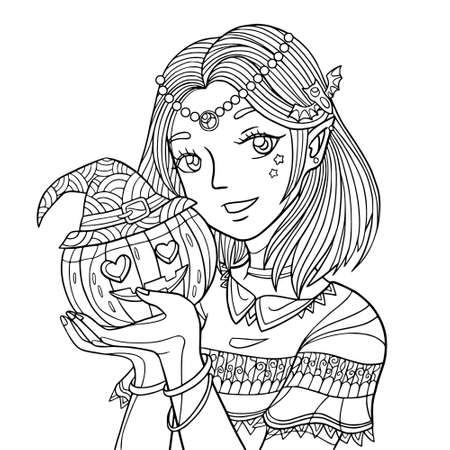 Girl in halloween costume hold pumkin in witch hat. Coloring book page for adult for holiday therapy vector illustration.のイラスト素材