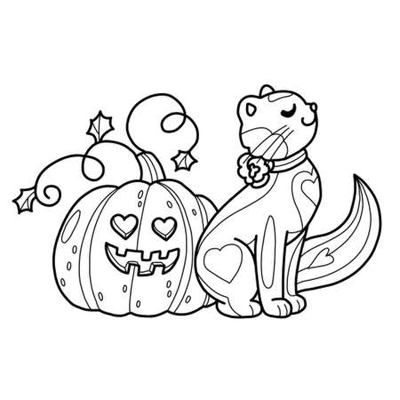 Pumpkin in love with beautiful cat coloring book page for children and adult. Halloween outline illustration with doodle. Vector isolated on white.のイラスト素材