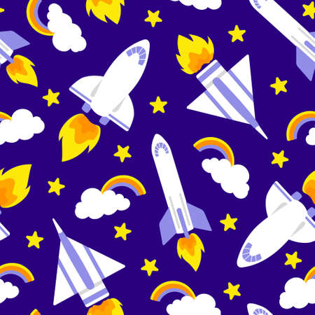 Rocket fly in dark space children seamless pattern. Spaceship, clouds, stars and rainbow cute vector drawing. Art for print, wrapping paper, wallpaper, nursery.のイラスト素材