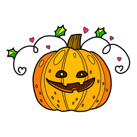 Pumpkin sticker for halloween decoration. Vector cute cartoon clipart isolated on white. Orange funny pumpkin character.のイラスト素材