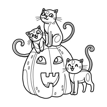 Halloween coloring book page for children outline artwork. Kittens with pumpkin together outline doodle. Vector isolated line art.のイラスト素材