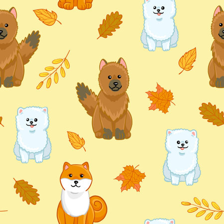 Autumn seamless pattern with dogs breed. Vector cartoon illustration with shiba inu, german shepherd, pomeranian and fall leaves. Wrapping paper for print on cream background.のイラスト素材