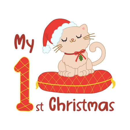Baby Christmas with cute cartoon cat in santa hat. My first Xmas for baby shirts, print, greeting card. Vector isolated illustration.のイラスト素材