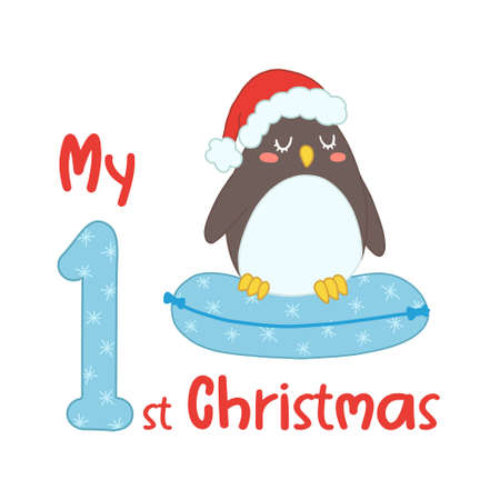 Baby Christmas with cute cartoon penguin in santa hat. My first Xmas for baby shirts, print, greeting card. Vector isolated illustration.のイラスト素材