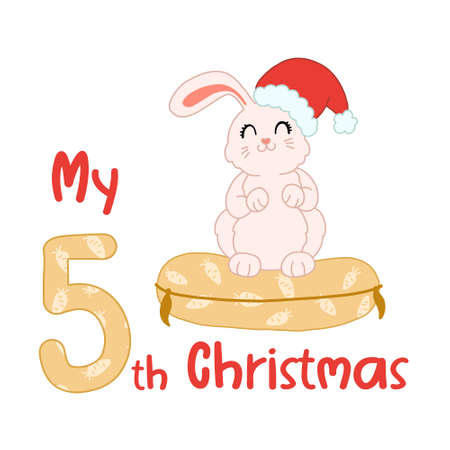 Baby Christmas with cute cartoon rabbit in santa hat. My fifth Xmas bunny for baby shirts, print, greeting card. Vector isolated illustration.のイラスト素材