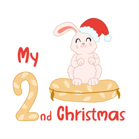 Baby Christmas with cute cartoon rabbit in santa hat. My second Xmas bunny for baby shirts, print, greeting card. Vector isolated illustration.のイラスト素材