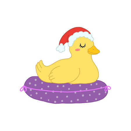 Cute duck in scandinavian style wait for greeting Christmas in santa hat. Childish vector isolated illustration for nursery, print, poster, gifts.のイラスト素材