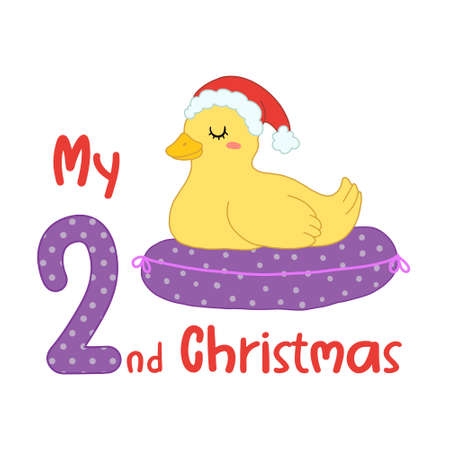 Baby Christmas with cute cartoon duck in santa hat. My second Xmas for baby shirts, print, greeting card. Vector isolated illustration.のイラスト素材