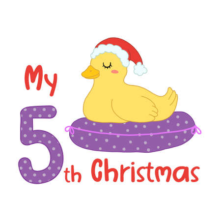 Baby Christmas with cute cartoon duck in santa hat. My fifth Xmas for baby shirts, print, greeting card. Vector isolated illustration.のイラスト素材