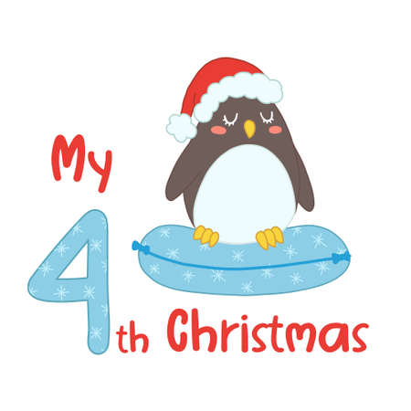 Baby Christmas with cute cartoon penguin in santa hat. My fourth Xmas for baby shirts, print, greeting card. Vector isolated illustration.のイラスト素材