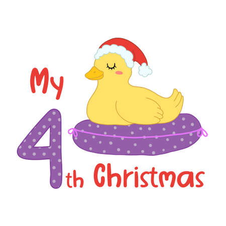 Baby Christmas with cute cartoon duck in santa hat. My fourth Xmas for baby shirts, print, greeting card. Vector isolated illustration.のイラスト素材