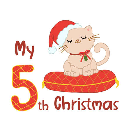 Baby Christmas with cute cartoon cat in santa hat. My fifth Xmas for baby shirts, print, greeting card. Vector isolated illustration.のイラスト素材