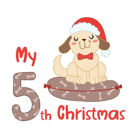 Baby Christmas with cute cartoon dog in santa hat. My fifth Xmas for baby shirts, print, greeting card. Vector isolated illustration.のイラスト素材