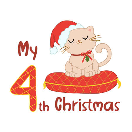 Baby Christmas with cute cartoon cat in santa hat. My fourth Xmas for baby shirts, print, greeting card. Vector isolated illustration.のイラスト素材