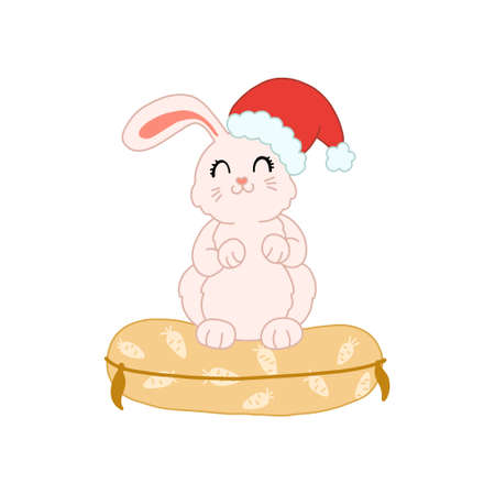 Cute rabbit in santa hat on carrot pillow greeting Christmas. Vector isolated cartoon illustration in scandinavian style. Bunny for print, greeting card, poster, nursery.のイラスト素材