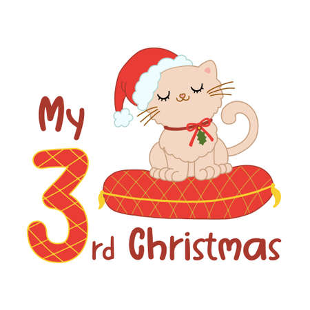 Baby Christmas with cute cartoon cat in santa hat. My third Xmas for baby shirts, print, greeting card. Vector isolated illustration.のイラスト素材