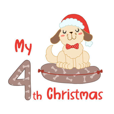 Baby Christmas with cute cartoon dog in santa hat. My fourth Xmas for baby shirts, print, greeting card. Vector isolated illustration.のイラスト素材