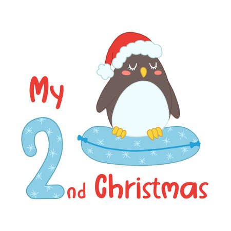 Baby Christmas with cute cartoon penguin in santa hat. My second Xmas for baby shirts, print, greeting card. Vector isolated illustration.のイラスト素材