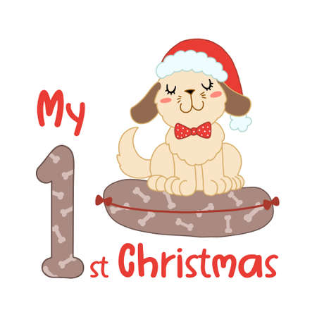 Baby Christmas with cute cartoon dog in santa hat. My first Xmas for baby shirts, print, greeting card. Vector isolated illustration.のイラスト素材