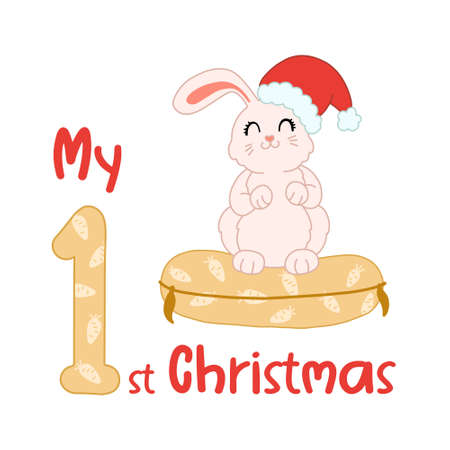 Baby Christmas with cute cartoon rabbit in santa hat. My fiirst Xmas bunny for baby shirts, print, greeting card. Vector isolated illustration.のイラスト素材