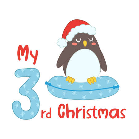 Baby Christmas with cute cartoon penguin in santa hat. My third Xmas for baby shirts, print, greeting card. Vector isolated illustration.のイラスト素材