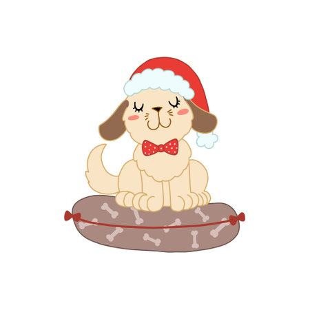 Lovely dog in santa hat on pillow wait for Christmas. Vector isolated cartoon for greeting winter holidays in scandinavian style. Puppy for nursery, greeting cards, gifts, poster.のイラスト素材