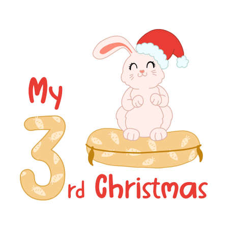 Baby Christmas with cute cartoon rabbit in santa hat. My third Xmas bunny for baby shirts, print, greeting card. Vector isolated illustration.のイラスト素材