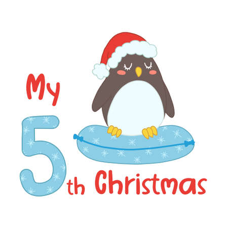 Baby Christmas with cute cartoon penguin in santa hat. My fifth Xmas for baby shirts, print, greeting card. Vector isolated illustration.のイラスト素材