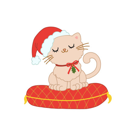 Vector cartoon cute kitty in santa hat sit on red pillow. Isolated illustration for greeting christmas and winter holidays. Funny cat for nursery, childish print, design, gifts.のイラスト素材