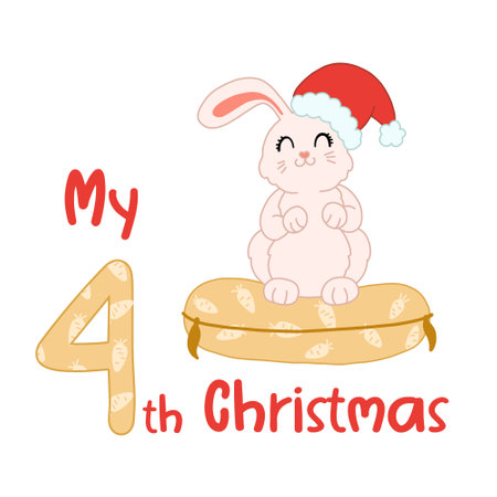 Baby Christmas with cute cartoon rabbit in santa hat. My fourth Xmas bunny for baby shirts, print, greeting card. Vector isolated illustration.のイラスト素材