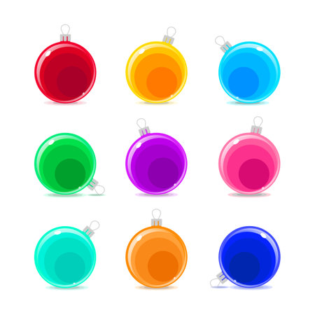 Set of colorful christmas balls. Vector clip-art for new year design. Decoration isolated elements. Ready for print, paper, decor, card, sticker.のイラスト素材