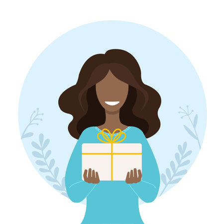 African american woman holds a present. Vector flat illustration of girl with a gift. Design concept for celebration, greeting, holiday, birthday.Isolated character art.のイラスト素材
