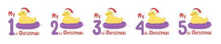 Baby Christmas set with cartoon animals and numbers. Cute duck in scandinavian style for greeting holidays, sublimation and print. Baby animals in santa hat.のイラスト素材