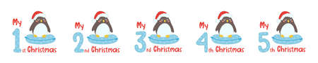 Baby Christmas set with cartoon animals and numbers. Cute penguin in scandinavian style for greeting holidays, sublimation and print. Baby animals in santa hat.のイラスト素材