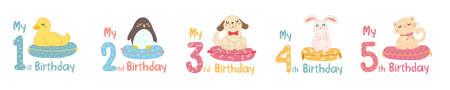 Baby birthday with childish numbers and cartoon animals. Set of cute figures with cat, dog, duck, rabbit and penguin in scandinavian style for design birthday party, decorate nursery, print, sublimation.のイラスト素材